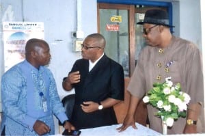 Permanent Secretary, Ministry of Information and Communications, Rivers State, Mr Samuel J. Egbe (left), with the General Manager, Rivers State Newspaper Corporation, Mr Celestine Ogolo (middle) and The Tide Editor, Chief Soye Wilson Jamabo, during the Permanent Secretary’s visit to the corporation in Port Harcourt on Wednesday.