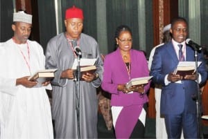 New Permanent Secretaries, taking oath of office before President Muhammadu Buhari, at the Presidential Villa in Abuja, yesterday.