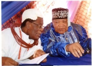 Chairman, Rivers State Council of Traditional Rulers and Amanayanabo of Opobo, Jevi V JP, King Dandeson Douglas Jaja (right), with Eze Ekpeye Logbo, His Majesty, Eze Robinson O Robinson, during the valedictory session in honour of Late Dr K Elemchukwu Elenwa, Eze Egi of Ogbaland, Eze-Ogbu-Uku at the Traditional Rulers Council’s auditorium in Port Harcourt, yesterday