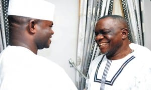Kogi State Governor-elect, Mr Yahaya Bello (left), with a former Speaker of the State House ofAssembly and a one-time acting governor of the state, Mr Clarence Olafemi, during a congratulatory visit to the Governor-elect in Lokoja, yesterday.