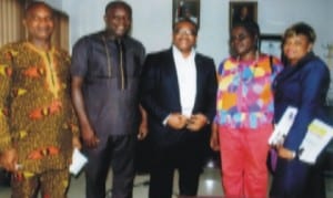 General Manager, Rivers State Newspaper Corporation, Mr Celestine Ogolo (middle), in a group photograph with executive members of Kebetkache Media Network Against Gender Violence, during their courtesy visit to the corporation in Port Harcourt, on Friday.                         Photo: Egberi A. Sampson