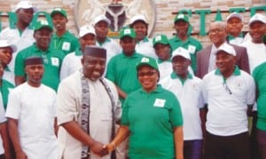 Governor Rochas Okorocha of Imo State (2nd left), in a handshake with the Permanent Secretary, Federal Ministry of Environment, Mrs Fatima Mede, during the visit of environmentalists to Government House in Owerri, recently.