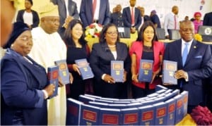 L-R: Lagos State Deputy Governor, Dr Idiat Adebule, Governor Akinwumi Ambode of Lagos State, Managing Director, Africa, Thomson Reuters, Sneha Shah, Lagos State Chief Judge, Justice Funmilayo Atilade, Chairman, Lagos State House of Assembly Committee on Judiciary, Mrs Funmi Tejuosho and Lagos State Attorney-General and Commissioner for Justice, Mr Adeniji Kazeem, at the launch of Laws of Lagos State 2015 by the governor in Lagos, recently