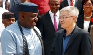 Governor Rochas Okorocha of Imo State (left), welcoming the leader of Chinese Investors, Mr Xie Shaw, during the visit of the Chinese investors to discuss investment opportunities with the Imo State Government in Owerri on Wednesday.