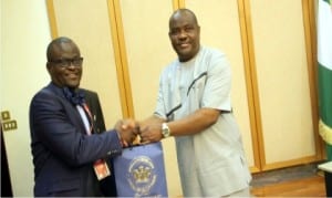 Rivers State Governor, Chief Nyesom Wike (right), in a handshake with the State Chairman of Nigerian Institute of Architects, Architect Dike Emmanuel, during the visit of the institute to Government House, Port Harcourt, recently.-