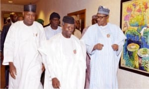 L-R: Speaker, House of Representatives, Yakubu Dogara; Vice-President Yemi Osinbajo and President Muhammadu Buhari, arriving for a Presidential Dinner for members  of the House of Representatives, at the Presidential Villa in Abuja on Wednesday.