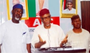 L-R: APC National Auditor, Chief George Moghalu, APC National Chairman, Chief John Oyegun and Deputy  Chairman, Chief Segun Oni, during the National Chairman’s interactive session with journalisist in Abuja on Wednesday.