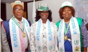 L-R: Chairman, Orient Group, Mr Godwin Ezeemo, Director, Planning, Research and Strategy, Voice of Wisdom and Vision International, Prof. Funmi Adesanya-Davies, and Mrs Atim Ita, after receiving their certificates of UN Peace Advocates in Port Harcourt, yesterday