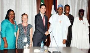  L-R: Deputy Country Director, International Rescue Committee (IRC), Joan Wuya, IRC Country Director for Nigeria, Sarah Ndikumara; IRC President, David Miliband, President Muhammadu Buhari, Minister of Foreign Affairs, Geoffrey Onyema and the Chief of Staff to the President, Alhaji Abba Kyari, during the visit of the IRC President to the Presidential Villa in Abuja, recently.