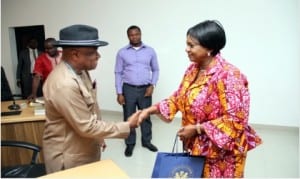 Rivers State Deputy Governor,  Dr. (Mrs) Ipalibo Harry Banigo , in a handshake with the National President, Nigerian Institute of Architects (NIA), Arc. Tonye Oliver Braide, during a courtesy visit to Government House, Port Harcourt, recently