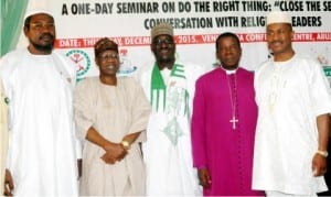 L-R:  Imam of Apo Mosque, Sheik  Muhammed  Khalid,  Minister of  Information and Culture, Alhaji Lai Mohammed, Dirctor-General, National Orientation Agency (NOA), Mr Mike Omeri, Primate of  Church of  Nigeria Anglican  Communion,  Rt. Rev. Nicholas Okoh and Executive  Secretary, Christian  Pilgrims Commission, Mr John-Kennedy Opara,  at the NOA’s  conversation with religious leaders in Abuja,  recently 
