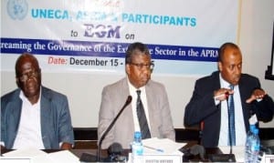 L-R: Director of Operations, Teamsprit Consult Nigeria Ltd, Dr Gabriel Gundu, Senior Regional Advisor, United Nation Economic Commission for Africa ( UNECA), Mr Martin Ndende and head, the African Peer Review Mechanism (APRM), South Africa, Mr Dalma Jama, at the Annual Expert Group Meeting of the UNECA and APRM in Lagos, yesterday.