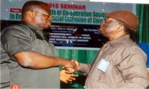 Rivers State Chairman, Trade Union Congress (TUC), Comrade Chika Onuegbu (left), in a hanshake with Commissioner 2, Civil Service Commission, Dr. G. A. I Nworgu, during the one-day seminar organised by the Association of Senior Civil Servants of Nigeria, Rivers State branch in Port Harcourt, yesterday Photo: Egberi A. Sampson