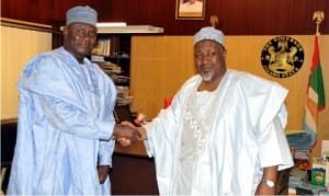 Editor in Chief, News Agency of Nigeria (NAN), Alhaji Lawal Ado (left), being received by Governor Muhammad Badaru of Jigawa State during his visits to the governor in Dutse on Sunday.