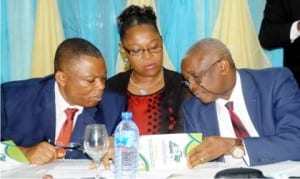 Representative of the Director-General, National Environmental Standards and Regulations Enforcement Agency (NESREA), Mr Victor Ojogbo, Director,Inspection and Enforcement, Mrs Miranda Amachree and Director, Partnership Education, Mr Aniefo Akpabio, at the NESREA National Regulatory Dialogue on the Implementation of National Environmental Regulations in Nigeria, in Abuja on Monday