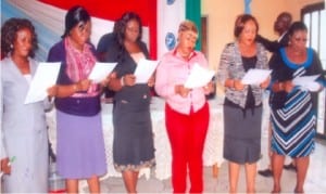 The executives of the Women Committee of NCSU, Rivers State council were inaugurated in Port Harcourt, yesterday. R-L: Chairperson, Comrade Florence Bobmanuel, vice chairperson, Comrade Joy Oguigba, secretary, Comrade Leticia Mac-Pepple, assistant secretary, Comrade Gladys Daniel Jack, ex-officio member, Comrade Soba Pepple and ex-officio member, Comrade Roseline Akiniwo, taking their oath of office.