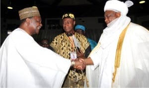 ECOWAS' distinguished awardee and former Nigeria’s Head of State, Gen. Yakubu Gowon (rtd) (left), being congratulated by Sultan of Sokoto, Alhaji Sa'ad Abubakar III, at the 40th anniversary of Economic Community of West African State (ECOWAS), in Abuja, yesterday