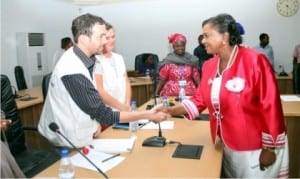 Rivers State Deputy Governor, Dr. (Mrs) Ipalibo Harry Banigo (right), in a handshake with Field Coordinator, Doctors Without Borders, Dr. Imri Schattmez, during a stakeholders meeting at Government House, Port Harcourt, recently With them is the Medical Team leader, Kiera Sargeant (2nd left).