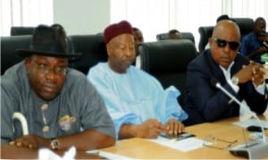 L-R: pdp governorship candidate for Bayelsa State, Hon. Seriake Dickson, National Organising Secretary of pdp, Alhaji Abubakar Mustapha and acting  Chairman of the party, Prince Uche Secondus, during inec Chairman's meeting with leaders of political parties and candidates of  Bayelsa State governorship election in  Abuja, yesterday.
