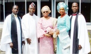 L-R: Archdeacon, Diocese of Lagos West Anglican Communion, Venerable Christopher Ayejoto, Celebrant and Director,  Finance and Account, Federal Institute of Industrial Research Oshodi, Mr Okeowo Oderinde, Special Guest, Mrs Adetoun Henry-Ajomale, celebrant’s wife, Mrs Atinuke and Priest, Anglican Communion, Revd.  Kayode Okun, at the 2015 Family Harvest of the Anglican Communion in Lagos, yesterday.