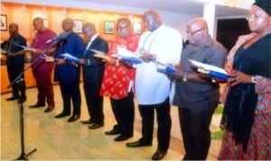 Speical Advisers to the Governor of Rivers State, Chief  Nyesom Wike, taking their oath of office during the swearing-in ceremony at Government House, Port Harcourt on Friday              Photo: Chris Monyanaga