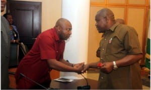 Rivers State Governor, Chief Nyesom  Wike (right),in a handshake with Speaker, Rivers State House of Assembly, Rt Hon.Adams  Dabotorudima at the signing of the 2016 budget estimates  by the governor at Government House, Port Harcourt on Monday.
