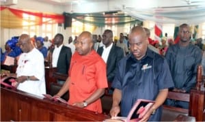 Rivers State Governor, Chief Nyesom Wike (right), flanked by the Speaker, Rivers State House of Assembly, Rt. Hon. Dabotorudima Adams (middle), and Hon. Ken Chikere at the memorial service of late Chief Robert Chikere at St. Paul's Anglican Church, Port Harcourt, Saturday