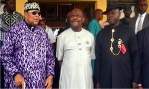 Rivers State Governor, Chief Nyesom Wike (middle), with Chairman, Rivers State Council of Traditional Rulers and Amanyanabo of Opobo, King Dandeson Douglas Jaja (left) and Commissioner for Chieftaincy and Community Affairs, Hon John Bazia, during the  opening ceremony of  the 102 quarterly meeting of the council in Port Harcourt, recently.               Photo: Ibioye Diama