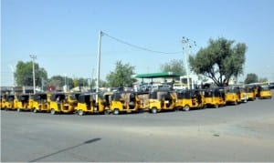 Tricycles on a queue  at a Filling Station in Yola recently.