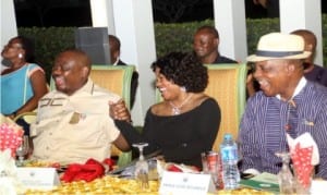 L-R: Rivers State Governor, Chief Nyesom Wike, his wife Justice Suzzette and Acting National Chairman of PDP, Prince Uche Secondus, at the Rivers State New Year’s Banquet hosted by the Governor at Government House, Port Harcourt on Friday.