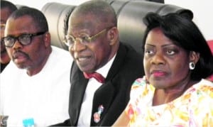 L-R: Special  Adviser to the Minister of Information and Culture on Media, Mr Segun Adeyemi, the Minister, Alhaji Lai Mohammed and Permanent Secretary, Mrs Ayotunde Adesugba, during the minister's meeting with  members of Broadcasting Organisation of Nigeria (BON) in Abuja, yesterday