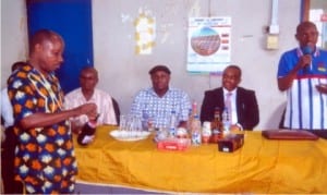 Chairman, NUPPPPROW, RSNC chapter, Comrade Abraham Amesi (right), making a speech, during the union’s end of year party in Port Harcourt, recently. With him are General Manager, RSNC, Mr Celestine Ogolo (2nd right), Chairman, Editoral Board, The Tide Newspapers, Mr Dagogo Clinton (middle), member NUPPPPROW, Mr Obioma Nwachuku (2nd left) and Comrade Sunny Nyobana. Photo: Chris Monyanaga