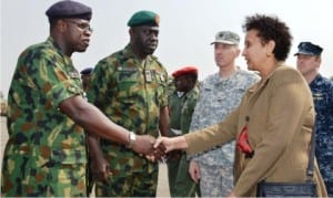 L-R: Deputy Director, Equipment Procurement, Ahq Brig.-Gen Abdul Masanawa, Representative, Minister of Defence, Maj.-Gen Barry Ndiomu, Defence Attache, US Embassy, Col. Patrick Doyle, Public Affairs Officer, US Consulate Lagos, Dehab Ghebreab, during the US donation of 24 Armored Personnel Carriers to Nigeria in Lagos, yesterday