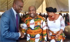 Representative of Rivers State Governor and Commissioner for Housing, Barr Emma Okah (left), being welcomed by the President of MOSOP), Mr Legbosi Saro Pyagbara and his wife Joy, during the  Ogoni Day celebration in Bori on Monday