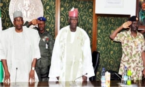 L-R:  Bauchi State Governor Muhammed Abubakar, Bauchi State Chairman, Nigeria Legion, Capt. Musa Yakubu (Rtd) and Commander 33, Artillery Brigade, Bauchi, Brig.-Gen. Alexander Dusu, at the opening of 2016 Armed Forces Remembrance Day Apple Week in Bauchi, yesterday