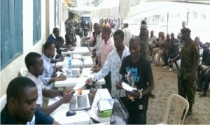 Niger Delta ex-militants being screened for their  monthly stipend by officials of the  Presidential Amnesty Programme of the Federal Government  in Port Harcourt, yesterday.