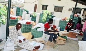 Inec officials arranging non sensitive materials for the January 9, supplementary election at the Inec headquarters in Yenagoa, yesterday