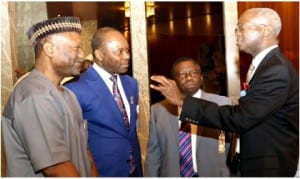L-R: Minister of Budget and National Planning, Sen. Udoma Udoma, Minister of State for Petroleum, Dr Ibe Kachikwu, Minister of Health, Prof. Isaac Adewale and Minister of Works, Housing and Power, Babatunde Fashola, at the inauguration of National Research and Innovation Council in Abuja, last Thursday