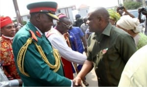 Rivers State Governor, Chief Nyesom Wike (right), in a handshake with the Chairman, Nigeria Legion, Rivers State, Col. Wilberforce Josiah (2nd left), at the Inter-denominational Service to mark the 2016 Armed Forces Remembrance Day, yesterday.