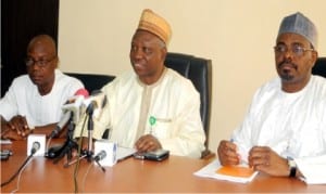 L-R:FCT Director, National Orientation Agency, Mr Moses Aba, Resident Electoral Commissioner for FCT, Prof. Jacob Jatau and Administrative Secretary of INEC in FCT, Mr Abdulrazaq Adamu, at a political stakeholders meeting on Continuous Voter Registration in Abuja on Friday