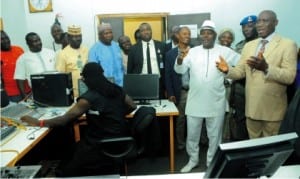 Deputy Governor of Plateau State/Commissioner overseeing Tertiary Education, Prof. Sonni Tyoden (2nd right) inspecting the Plateau State Polytechnic Rock FM Studio, during a visit to the institution in Jos, yesterday. With him are the Rector, Mr Dauda Gyemang (right) and other dignitaries.