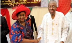 Rivers State Deputy Governor, Dr. (Mrs) Ipalibo Harry Banigo, in a handshake with Elder Sam Mbata, during a special banquet in honour of the elder statesman by the Full Gospel Business Men's Fellowship Int'l Limited in Port Harcourt on Friday. 