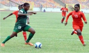 Nigeria's U-17 Women National Team's striker, Onyedikachi Aku, coasting home during her side's  first leg, first round match of  the qualifying series for Jordan  2016  FIFA  U-17 Women World Cup against the Baby Gladiators of  Namibia, at the National Stadium in Abuja on Saturday. Aku scored the second goal in the Flamingoes' 4-0 win.