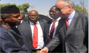 Vice-President Yemi Osinbajo (left), in a handshake with the Managing Director, United Integrated Construction Limited, Mr Faved Azize, at the foundation laying ceremony of Galaxy Mall and Galleria in Kaduna, yesterday