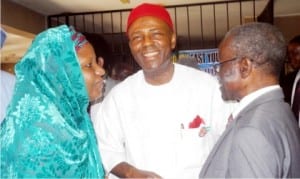 L-R: Permanent Secretary, Federal Ministry of Science and Technology, Dr Lawal Habiba; Minister of Science and Technology, Dr Ogbonnaya Onu and the President, Nigeria Academy of Engineering (NAE), Prof. Raifu Salawu, during a courtesy visit of NAE's delegation to the Minister in Abuja, yesterday