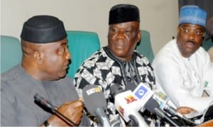L-R: House of Representatives' Minority Leader, Rep. Leo Ogor; Rep. Jerry Alagbaoso and Rep. Lovett Idisi, at a news conference by the PDP caucus in the House of Representatives on the detention of PDP’s Spokesman, Olisa Metu, in Abuja, yesterday