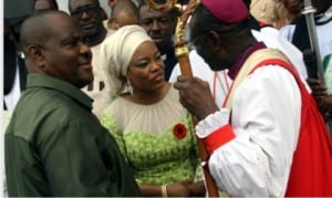 L-R: Rivers State Governor, Chief Nyesom Wike, his wife, Justice Suzzette and the Archbishop of Anglican Church, Niger Delta Province,Archbishop Ignatius Kattey, at the Inter-denominational service to mark the 2016 Armed Forces Remembrance Day in Port Harcourt on Sunday.