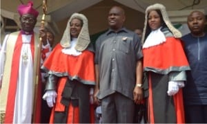 L-R: His Lordship, Most Rev Ignatius Kattey, former Chief Judge,Justice Daisy Okocha, Rivers State Governor, Chief Nyesom Wike and his wife Justice Eberechi Suzzette, shortly after a thanksgiving church service in honour of the retiring Chief Judge of the state at St Paul Cathedral Church, Garrison, Port Harcourt, yesterday.                                                                                                                   Photo: Nwiveh Donatus Ken