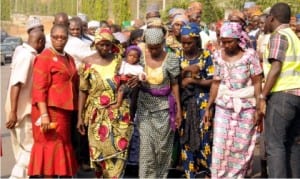  Mmembers of the Bring Back Our  Girls leading the parents and relations of the  abducted Chibok girls to Presidential Villa in Abuja, during a protest march, yesterday.