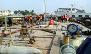 The MT Camille Vessel intercepted by the Nigerian Navy Ship (NNS), with about 4,000 metric tons of crude allegedly stolen by suspected oil thieves, in Warri on Sunday.